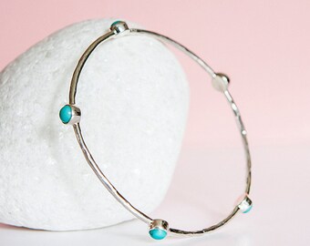 Hammered Sterling Silver Bangle with 5 Turquoise Gemstones and Personalised Watercolour Card