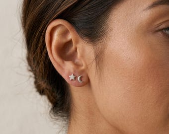 Personalised Mismatched Moon And Star Stud Earrings in Sterling Silver