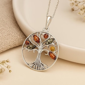 Oxidized Sterling Silver Tree of Life Pendant: Baltic Amber Family Roots
