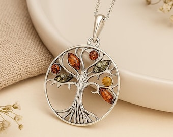 Personalised Oxidised Sterling Silver Baltic Amber Tree of Life Necklace
