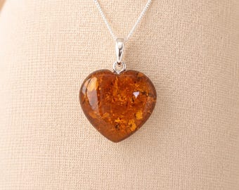 Personalised Sterling Silver Baltic Amber Heart Pendant Necklace