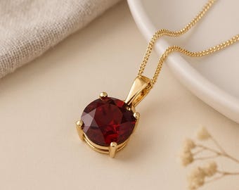 Garnet Pendant • January Birthstone Necklace in 9ct Gold • Natural Gemstone • Personalised Disc Option • Gift for Her • Red Charm •