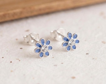 Personalised Blue Enamel Flower Stud Earrings In Sterling Silver With Cubic Zirconia