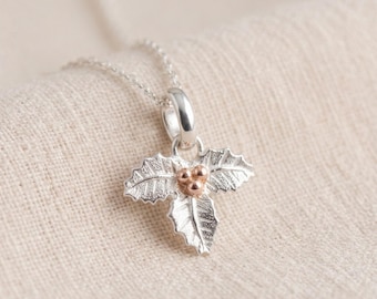 Personalised December Holly Birth Flower Pendant Necklace In Sterling Silver And Gold