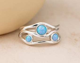 Molten Sterling Silver Blue Opal Trio Ring