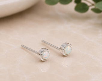 Tiny Star Cut Sterling Silver Round White Opal Stud Earrings