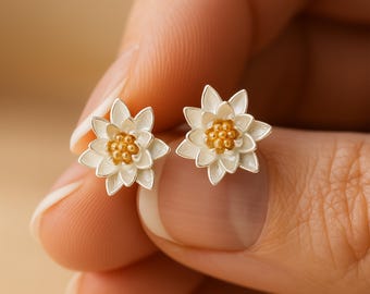 Sterling Silver July Birth Flower Lotus Water Lily Stud Earrings