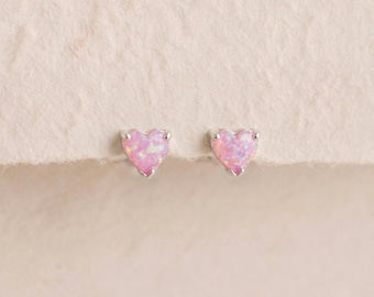 Personalised Pink Opal Heart Stud Earrings In Sterling Silver