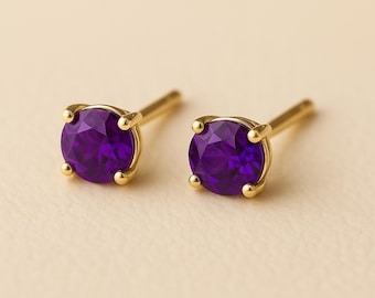 Solid 9ct Gold February Amethyst Birthstone Stud Earrings