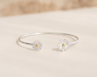 Adjustable Daisy Cuff Bangle Bracelet in Sterling Silver and Gold
