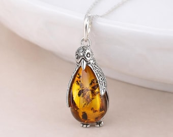 Personalised Sterling Silver Baltic Amber Penguin Pendant Necklace