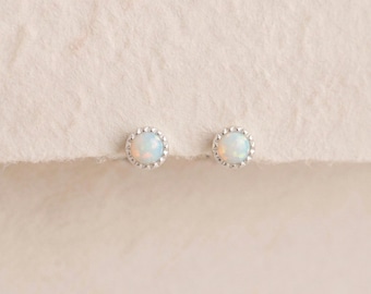 Tiny Round White Opal Stud Earrings In Star Cut Sterling Silver