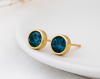London Blue Topaz Stud Earrings • 18ct Gold-Plated Sterling Silver • December Birthstone Gift • Deep Blue CZ Studs • Gift for Her •