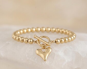 Beaded Heart T Bar Stretch Bracelet with Gold Plating