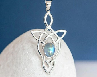 Genuine Moonstone Celtic Knot Necklace in Sterling Silver, Motherhood Knot, 13th Wedding Anniversary Gift, Rainbow Moonstone