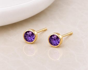 Gold Plated Sterling Silver February Amethyst Birthstone Stud Earrings