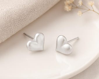 Brushed Heart Stud Earrings • Sterling Silver • Dainty Matte Finish Studs • Gift for Her • Everyday Love Jewellery • Minimalist Hearts •