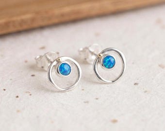 Blue Opal Karma Stud Earrings in Molten Sterling Silver
