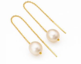 Gold Plated Sterling Silver Freshwater Pearl Threader Drop Earrings – 10mm