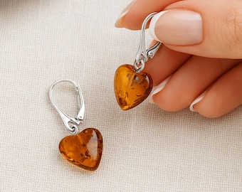 Sterling Silver Baltic Amber Heart Drop Earrings