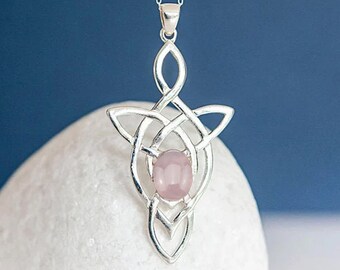 Genuine Rose Quartz Celtic Knot Necklace in Sterling Silver, Motherhood Knot, 5th Wedding Anniversary Gift, Rose Quartz Necklace