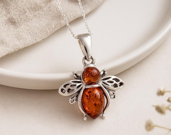 Amber Bee Pendant • Baltic Amber & Sterling Silver Necklace • Nature Lover Gift • Personalised • Symbolic Honeybee Charm for Her •