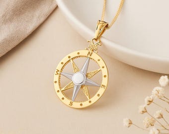 Compass Pendant in 9ct Gold • Two-Tone Necklace Charm • Personalised Disc • Travel Symbol • Gift for Him or Her • Meaningful Gold Jewellery