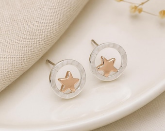 Halo Star Stud Earrings • Silver Plated & Rose Gold Style • Mixed Metal Studs • Dainty Celestial Gift • Star Earrings • Gift for Her •
