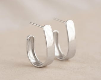 Chunky Open Rectangle J Hoop Earrings in Sterling Silver