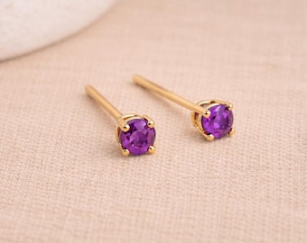 Solid 9ct Gold February Amethyst Birthstone Stud Earrings – 4mm