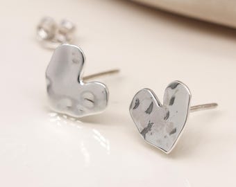 Sterling Silver Hammered Heart Stud Earrings