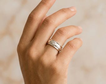 Personalised Hammered Spinner Ring in Sterling Silver with Cubic Zirconia