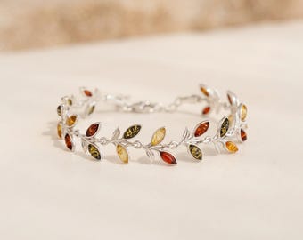 Baltic Amber Leaf Bracelet in Sterling Silver