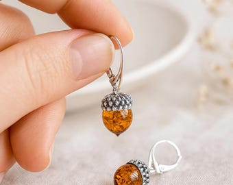 Sterling Silver Amber Acorn Drop Earrings: Genuine Baltic Amber