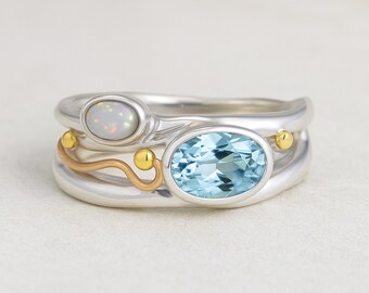 Molten Sterling Silver Blue Topaz And White Opal Ring