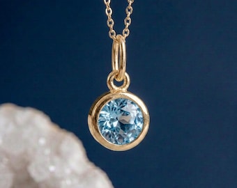 Tiny Personalised March Aquamarine Birthstone Pendant Necklace In Gold Plated Sterling Silver