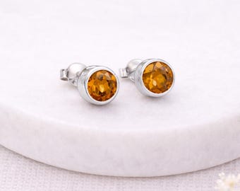 Sterling Silver November Citrine Birthstone Stud Earrings – 7mm