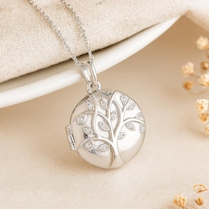 Tree of Life Locket Necklace • Sterling Silver Round Photo Locket • Personalised Family Keepsake Pendant • Engraved Memorial Jewelry •