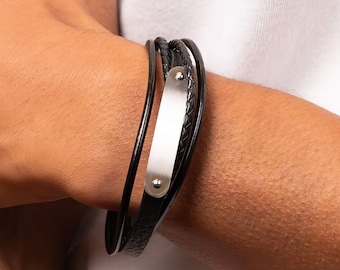 Personalised Mens Black Leather Bracelet With Steel Bar