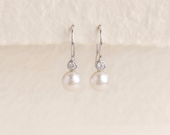 Sparkling White Freshwater Pearl Hook Drop Earrings in Sterling Silver