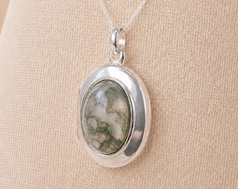 Personalised Sterling Silver Moss Agate Gemstone Photo Locket Necklace