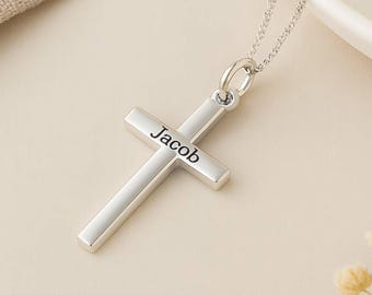Engraved Silver Cross Pendant • Solid Sterling Silver Personalised Necklace • Baptism Gift • Confirmation Jewellery • Christian Faith Charm