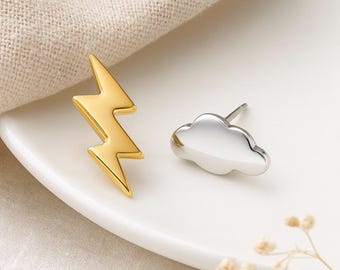 Weather Stud Earrings • Lightning Bolt and Cloud in Sterling Silver & Gold • Mismatched Whimsical Jewellery Gift