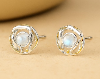 Molten Sterling Silver Moonstone Stud Earrings
