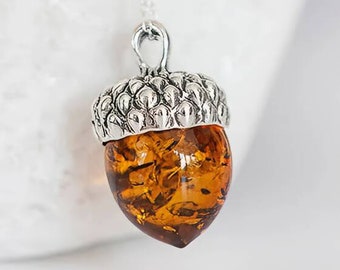 Personalised Sterling Silver Baltic Amber Acorn Necklace