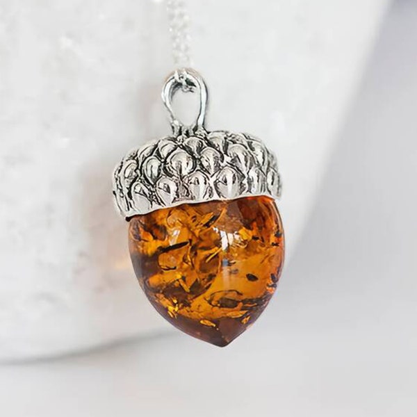 Sterling Silver Baltic Amber Acorn Necklace