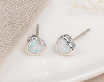 Opal Heart Stud Earrings • Sterling Silver October Birthstone • White Opal Studs • Gift for Her • Dainty Jewellery •