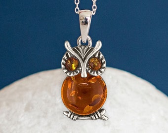 Sterling Silver Baltic Amber Owl Necklace