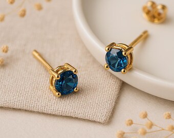 Solid 9ct Gold December Blue Topaz Birthstone Stud Earrings
