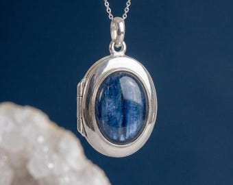 Personalised Kyanite Photo Locket Necklace in Sterling Silver